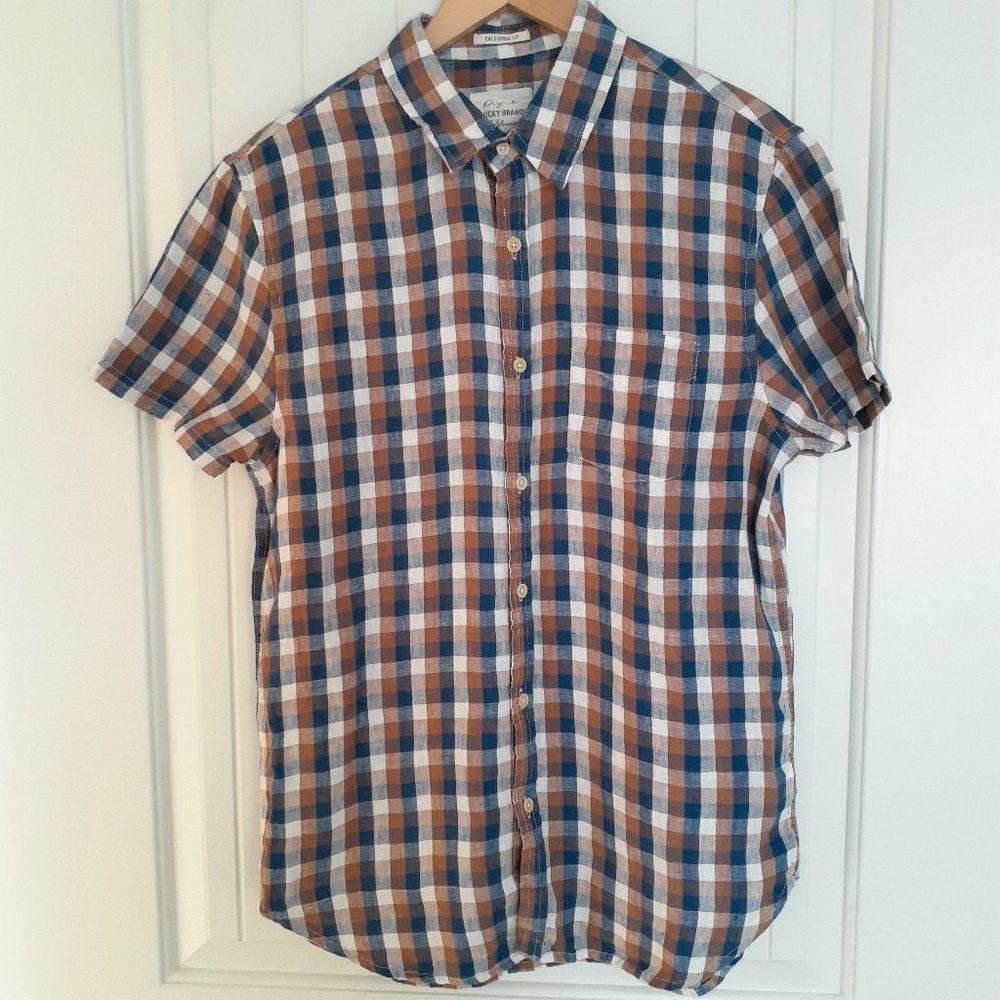Lucky Brand Linen Short Sleeve Plaid Shirt California Fit Brown Blue Size M